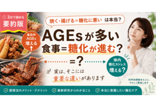 要約版です。食品中AGEsが増えることと、体内で糖化が進むことは同じではありません。調理法と糖化の関係について整理します。_フラメルのコラム_フラコ