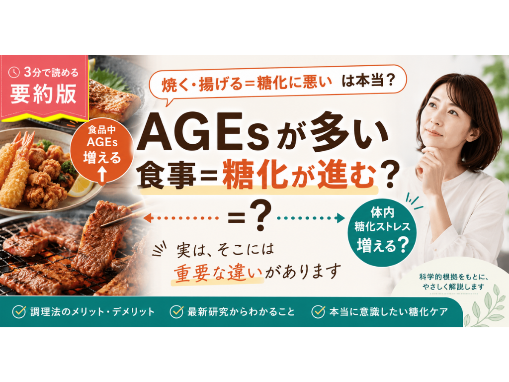 要約版です。食品中AGEsが増えることと、体内で糖化が進むことは同じではありません。調理法と糖化の関係について整理します。_フラメルのコラム_フラコ