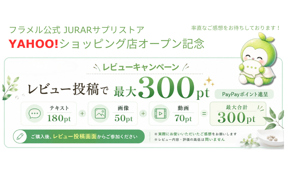フラメル公式 JURARサプリストアのYahooショッピング店のオープンに伴い、PayPayポイントを最大300ptプレゼントするレビューキャンペーンを開始しました。